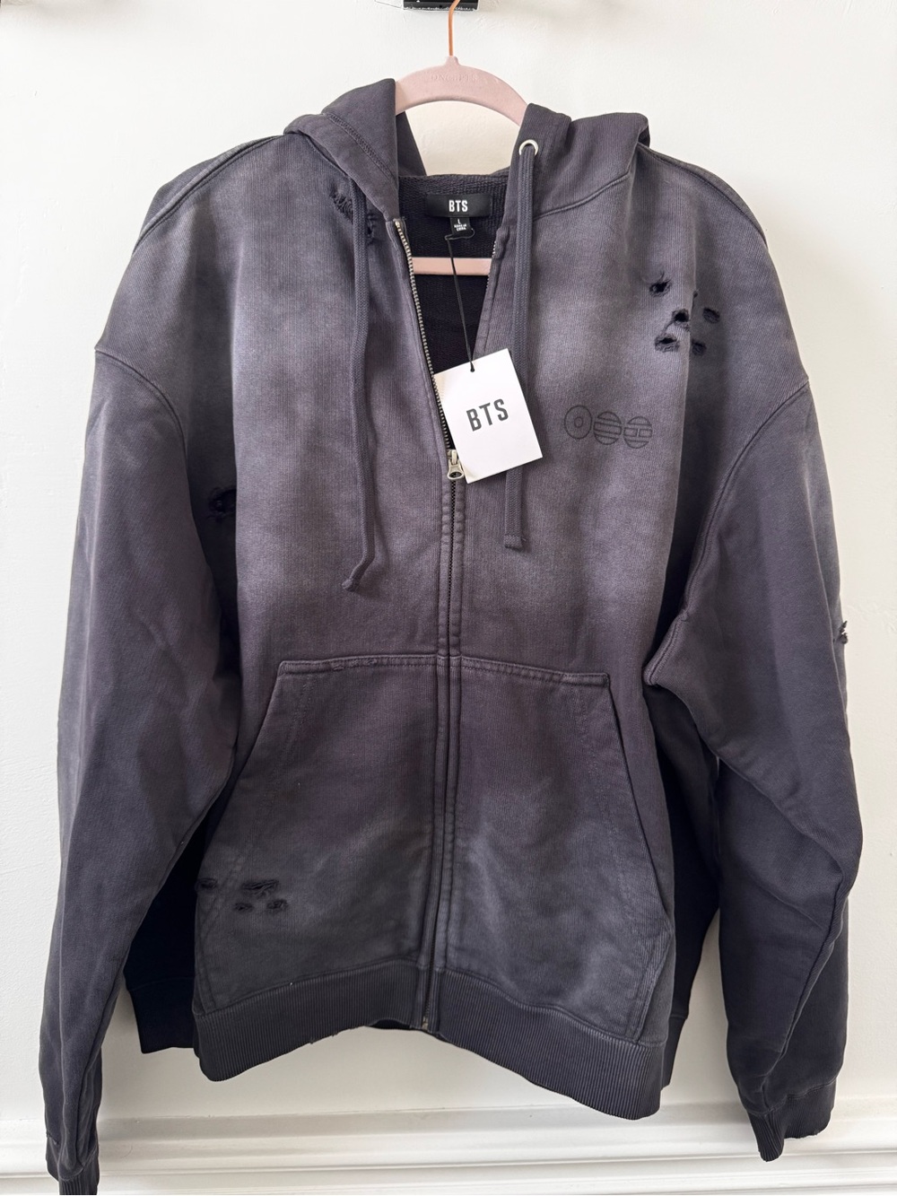 BTS Arirang tour merch. Intentionally Distressed Zip-Up Hoodie - Charcoal Gray - Picture 4 of 13